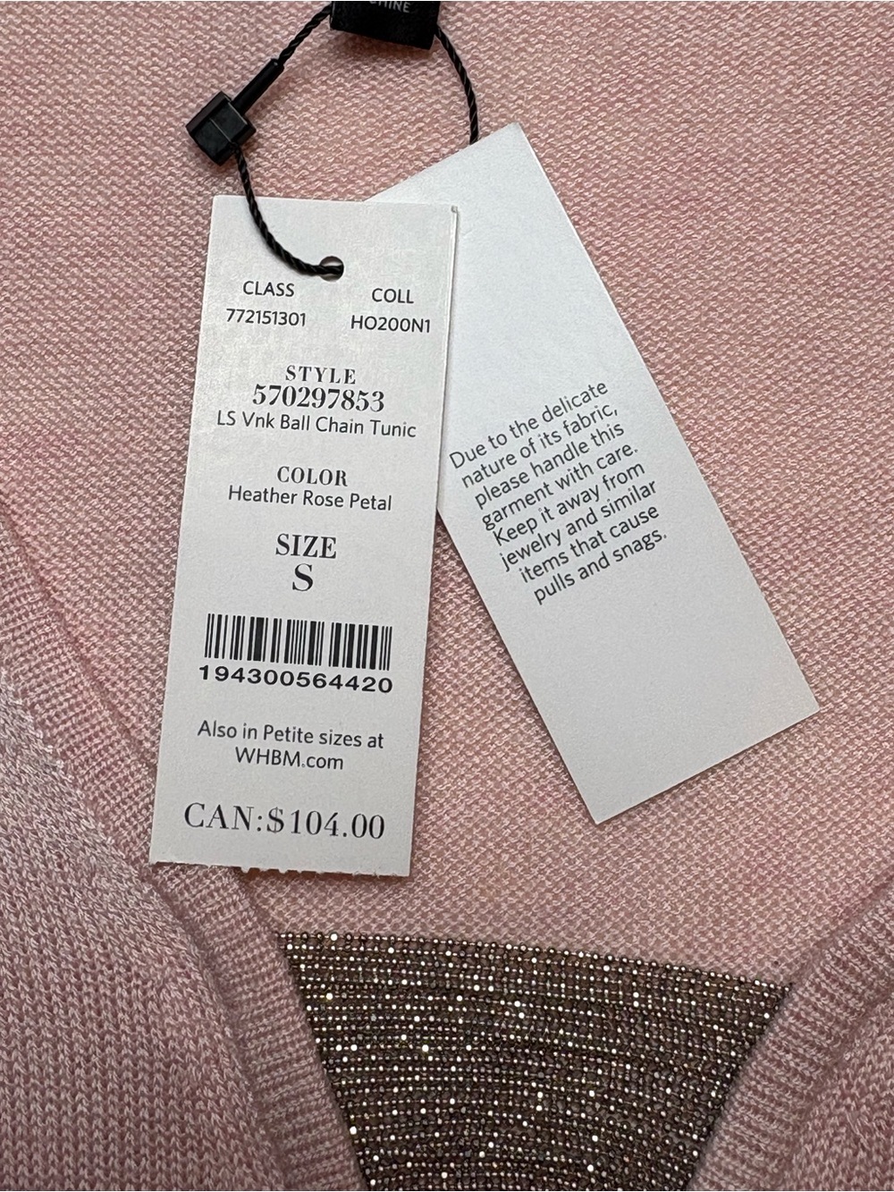 NWT WHBM Heather Rose Pink Ball Chain V-Neck Tunic Sweater S *Subtle Flaw - Picture 10 of 10